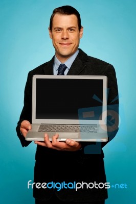Corporate Executive Showing Laptop To You Stock Photo