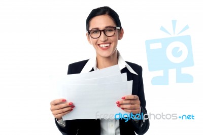Corporate Woman Holding Business Reports Stock Photo