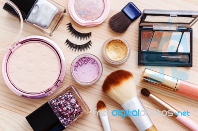 Cosmetic With Makeup Products And Brushes Stock Photo