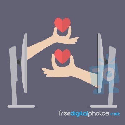 Couple Hands Holding Hearts From Two Computers Stock Image