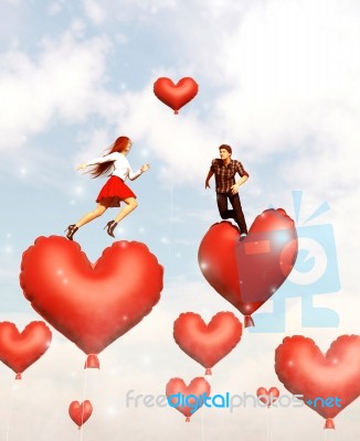 Couple Jumping Or Running On Red Heart Balloons,3d Illustration Stock Image