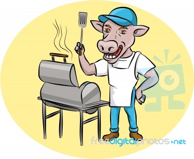Cow Barbecue Chef Smoker Oval Cartoon Stock Image