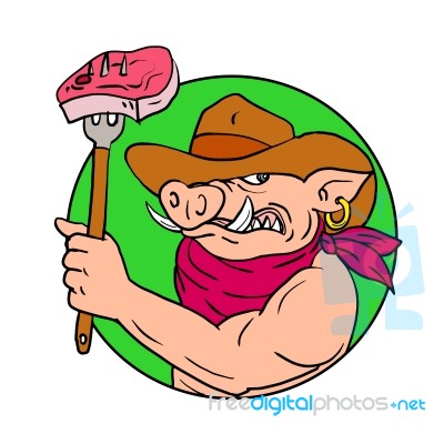 Cowboy Hog Holding Barbecue Steak Drawing Color Stock Image