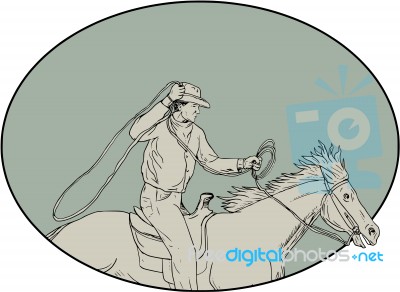 Cowboy Riding Horse Lasso Oval Drawing Stock Image
