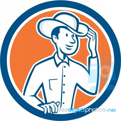 Cowboy Tipping Hat Circle Cartoon Stock Image