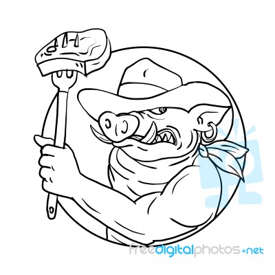 Cowboy Wild Pig Holding Barbecue Steak Drawing Black And White Stock Image