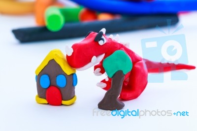 Creative Dinosaur, House And Tree Clay Model, On White Backgroun… Stock Photo