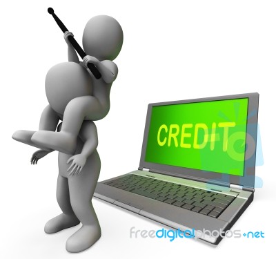 Credit Laptop Characters Show Borrowers Or Loans For Buying Stock Image