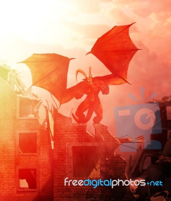 Creepy Monster On Top Of Ruined Building,3d Illustration Stock Image