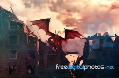 Creepy Monster On Top Of Ruined Building,3d Illustration Stock Image