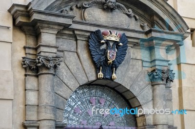 Crest Of King Charles Iv At Entrance To Charles Bridge In Prague… Stock Photo