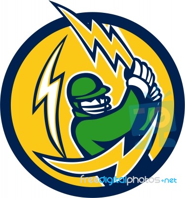 Cricket Player Lightning Bolt Bat Circle Retro Stock Image