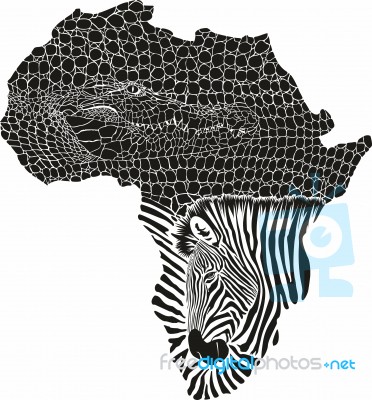 Crocodile And Zebra As A Background Map Of Africa Stock Image