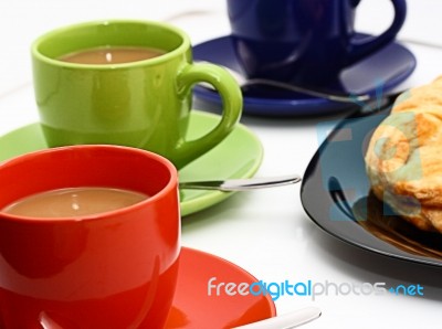 Croissant And Cups Of Coffee Stock Photo