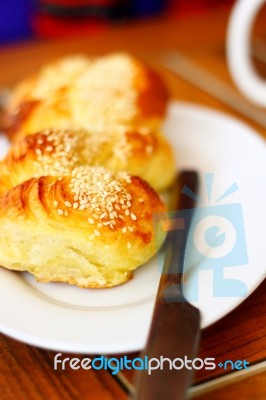 Croissant Bread On Dish Stock Photo