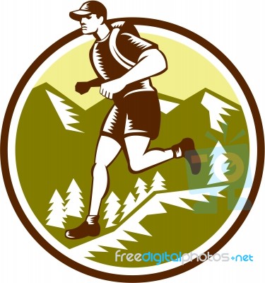 Cross Country Runner Mountains Circle Woodcut Stock Image