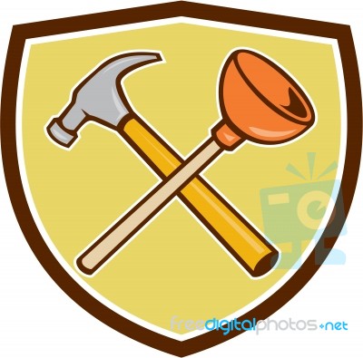 Crossed Hammer Plunger Crest Cartoon Stock Image