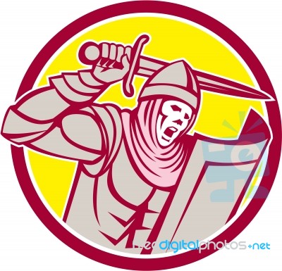 Crusader Knight With Sword And Shield Circle Retro Stock Image