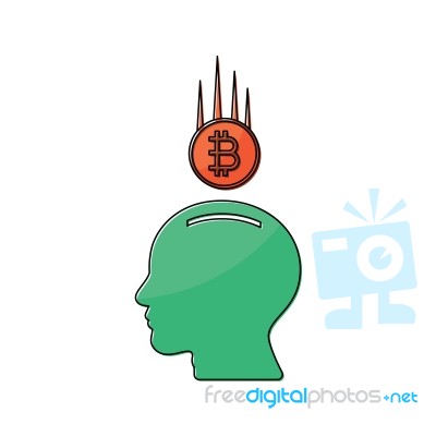 Cryptocurrency Bitcoin Human Head Piggy Bank Thin Line Flat Desi… Stock Image