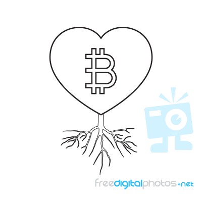 Cryptocurrency Bitcoin Love Heart With Root Thin Line Flat Desig… Stock Image