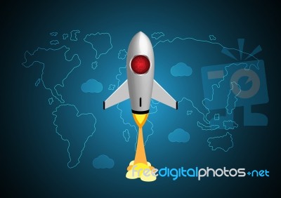 Cryptocurrency Bitcoin Rocket Rush Flying In The Sky With World Stock Image