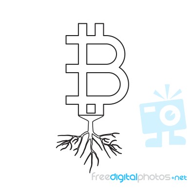 Cryptocurrency Bitcoin With Root Thin Line Flat Design Icon Vect… Stock Image
