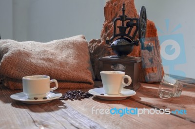 Cup Of Coffee, Coffee-beans, Coffee Grinder, Coffee Sack	 Stock Photo
