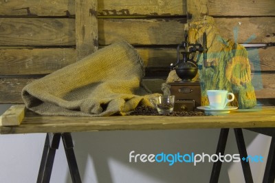Cup Of Coffee, Coffee-beans, Coffee Grinder, Coffee Sack	 Stock Photo