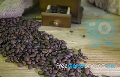 Cup Of Coffee, Coffee-beans, Coffee Grinder, Coffee Sack	 Stock Photo