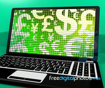 Currency Symbols On Laptop Showing Exchange Rate And Finance Stock Image