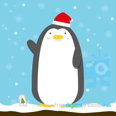 Cute Big Fat Penguin Wear Christmas Hat Standing Stock Image