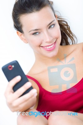 Cute Brunette Woman Taking Photo Of Herself Stock Photo