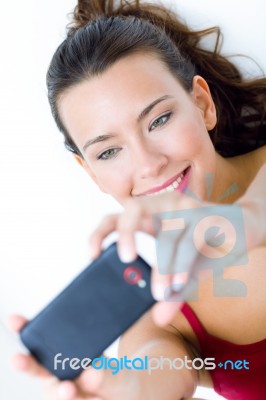 Cute Brunette Woman Taking Photo Of Herself Stock Photo