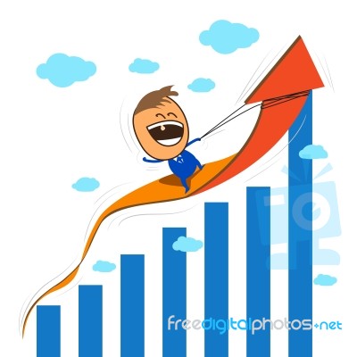 Cute Character Happy Businessman Riding On Rising Arrow Dynamic Stock Image