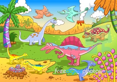 Cute Dinosaurs In Prehistoric Scene Stock Image