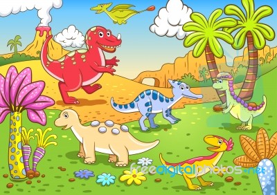 Cute Dinosaurs In Prehistoric Scene Stock Image