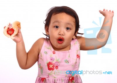 Cute Girl Surprised When Her Hotdog Is Too Hot Stock Photo