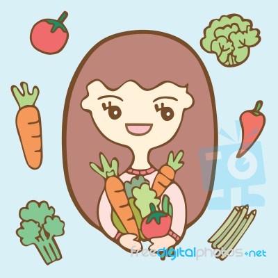 Cute Girl With Vegetables, Cartoon Illustration Stock Image