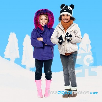 Cute Girls Wearing Winter Clothes Stock Photo