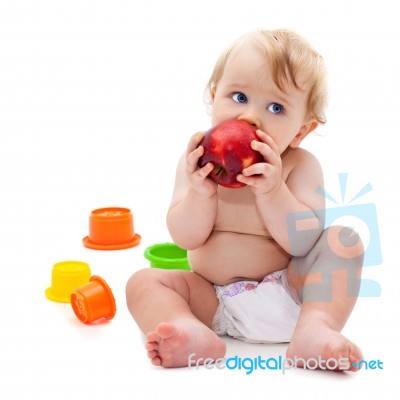 Cute Infant Boy With Apple Stock Photo