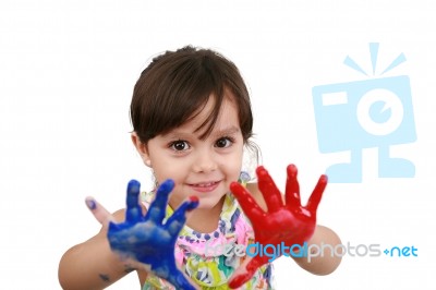 Cute Little Girl With Painted Hands. Isolated On White Backgroun… Stock Photo