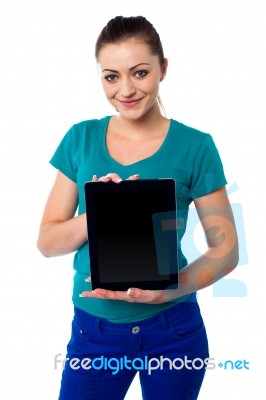 Cute Model Showing Newly Launched Tablet Pc Stock Photo