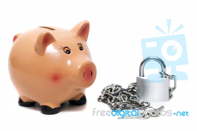 Cute Piggy Bank With Lock Stock Photo