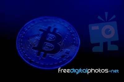 Dark Blue Bitcoin Curency Background Stock Photo