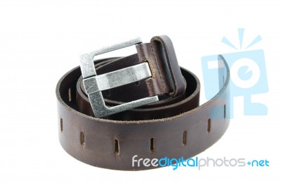 Dark Brown Leather Belt On White Stock Photo