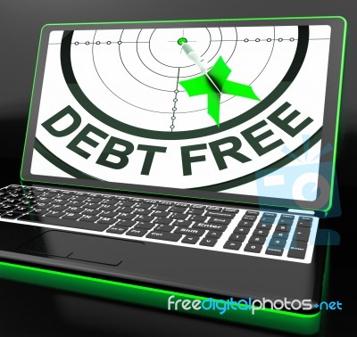 Debt Free On Laptop Showing Financial Discharge Stock Image