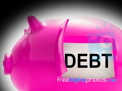 Debt Piggy Bank Message Means Arrears And Money Owed Stock Image