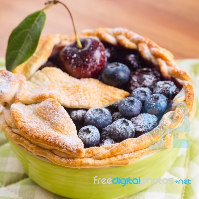 Decorated Homemade Shortcrust Pastry Berry Pie With Blueberries Stock Photo