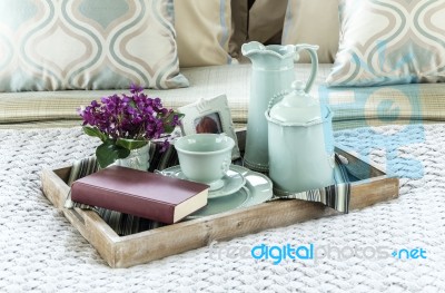 Decorative Tray With Book,tea Set And Flower On The Bed Stock Photo