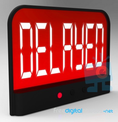 Delayed Clock Shows Postponed Or Running Late Stock Image